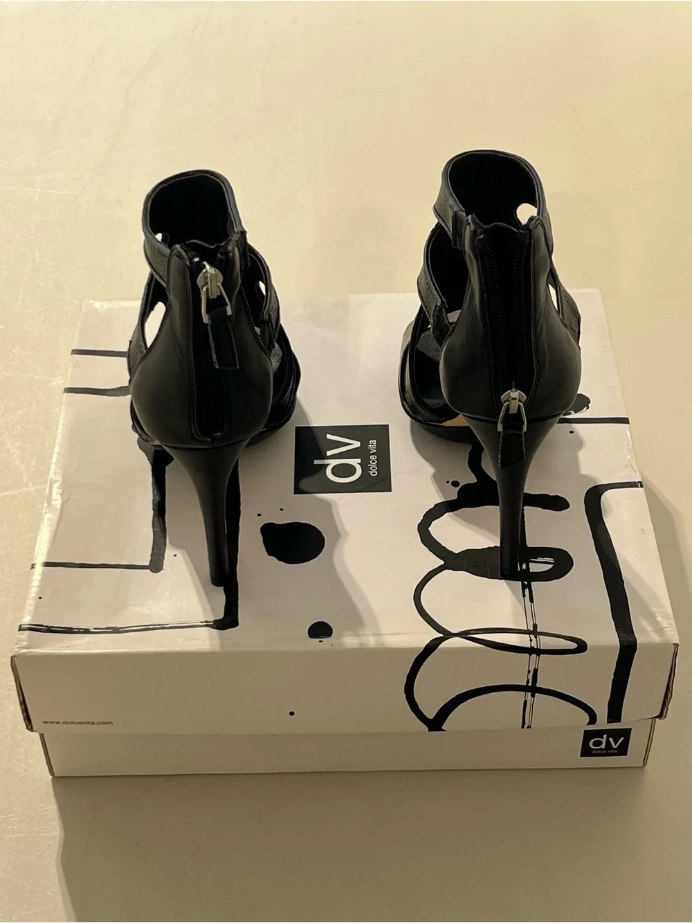 Dolce Vita Black and Metallic Bronze Strappy High Heel Sandals